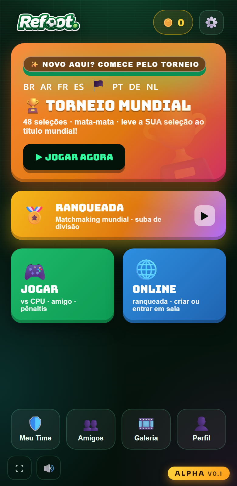 Tela inicial do Refoot com os modos de jogo
