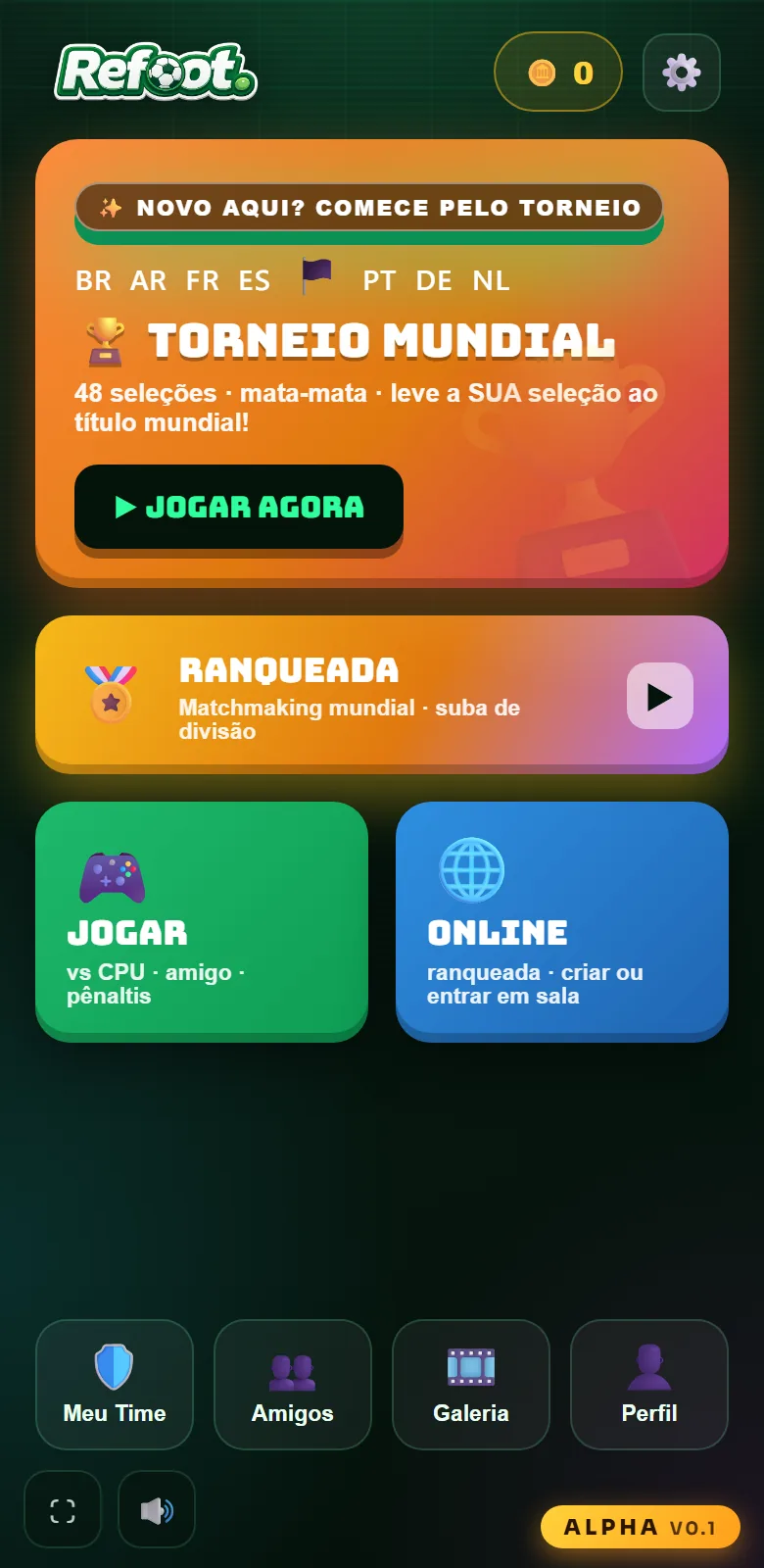 Tela inicial do Refoot com os modos de jogo